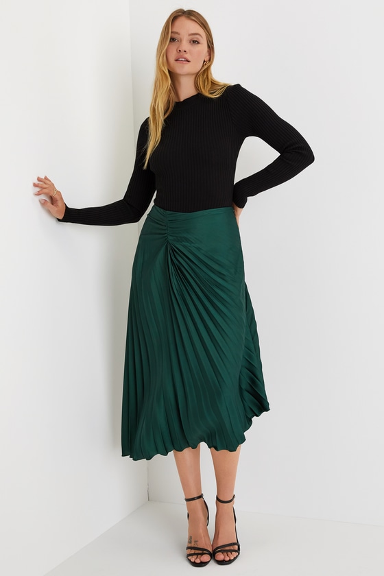 Green Skirt - Pleated Ruched Skirt- Asymmetrical Midi Skirt - Lulus