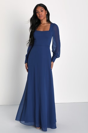 chinese dress ladies Zapaka Women Dusty Blue Satin Long Sleeves Formal Dress with Rhinestones Sheath Backless Boat Neck Evening Dress with Slit, Grey Blue / US18W main image 1