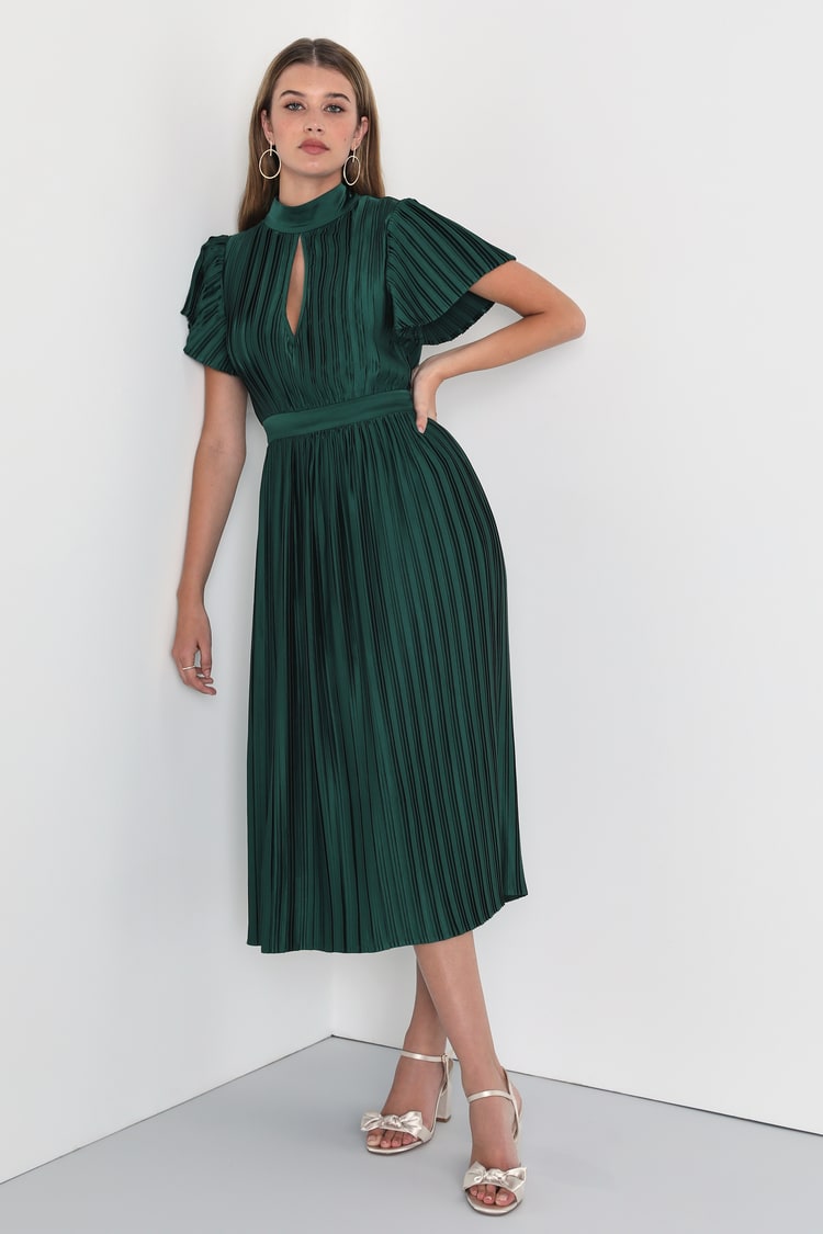 Emerald Plisse Dress - Green Satin Midi Dress - Backless Dress - Lulus