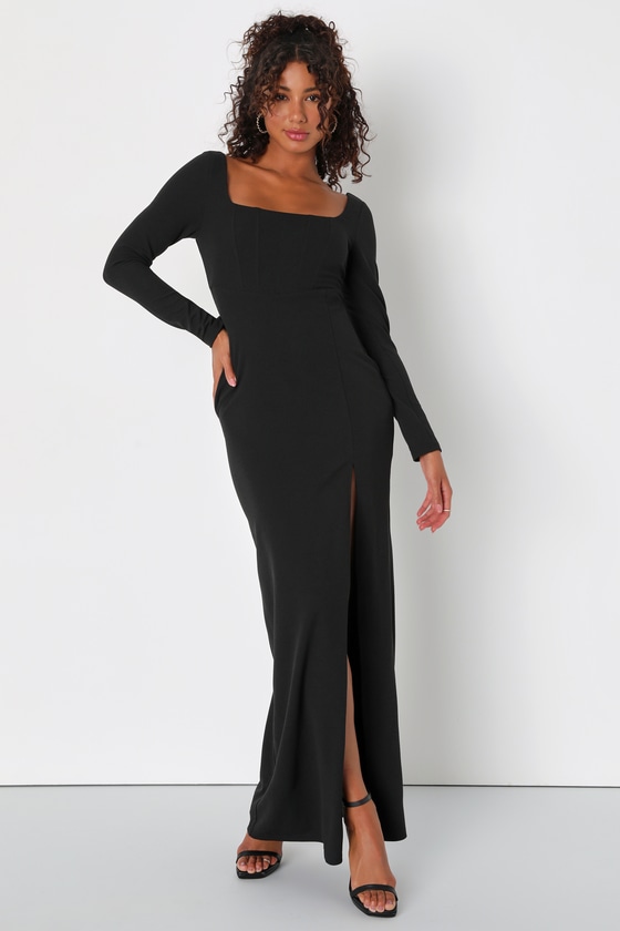 Lulus Regal Stunner Black Long Sleeve Corset Maxi Dress