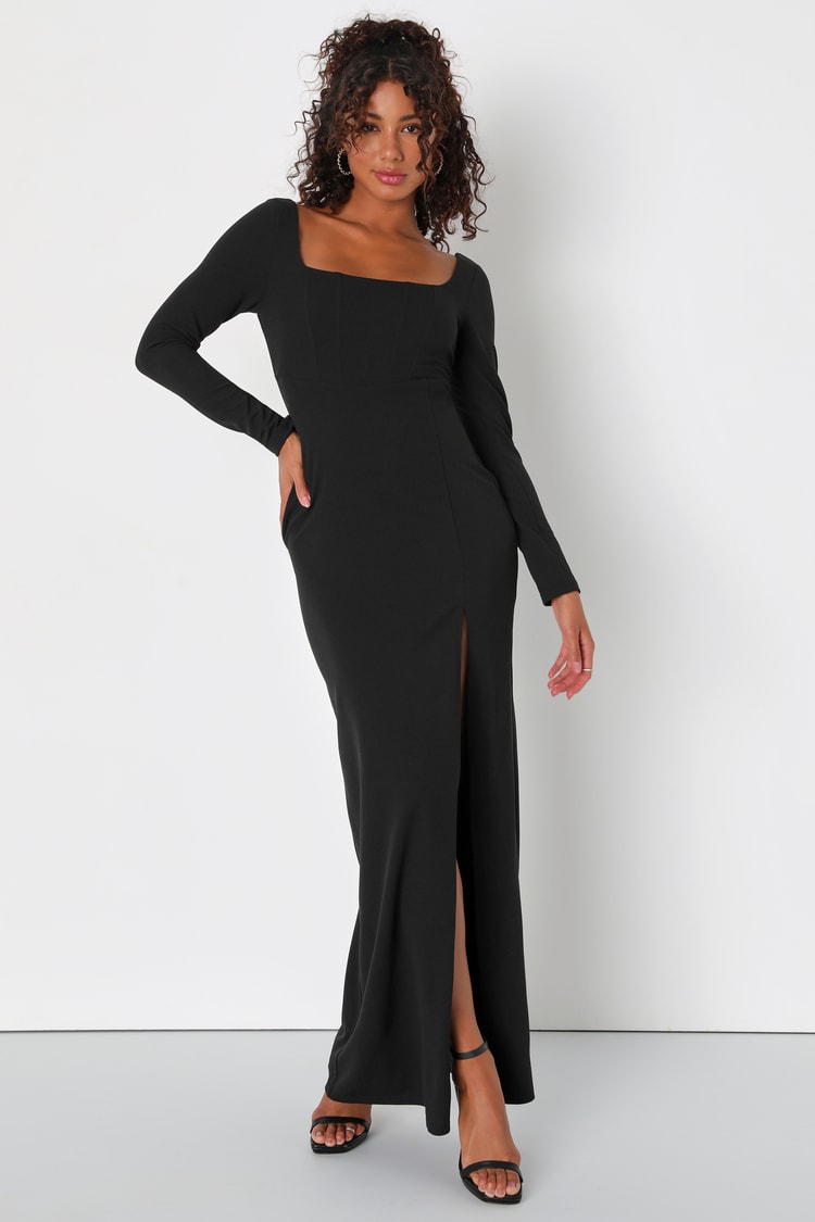 Black Square Neck Dress - Long Sleeve Dress - Corset Maxi Dress - Lulus