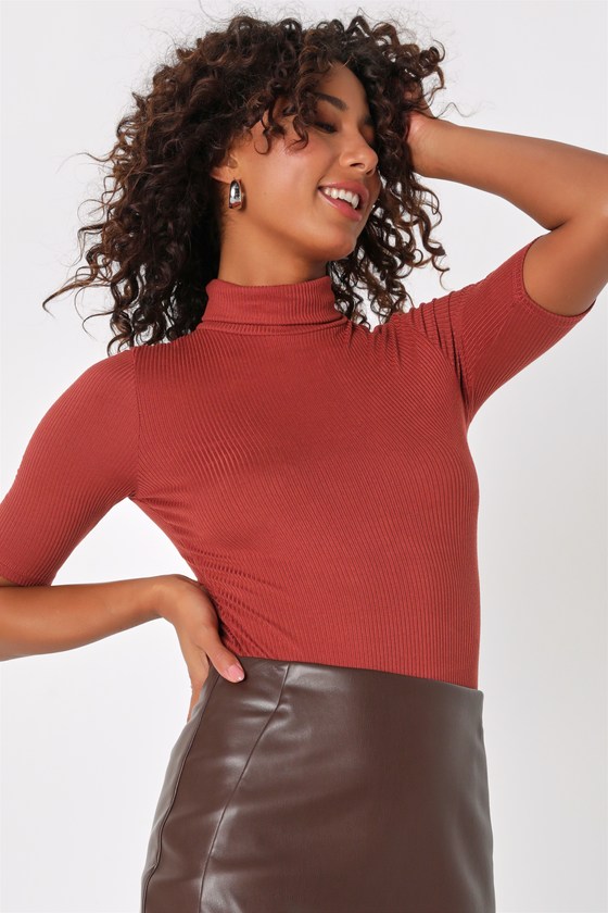Rust Red Bodysuit Ribbed Bodysuit Turtleneck Bodysuit Lulus