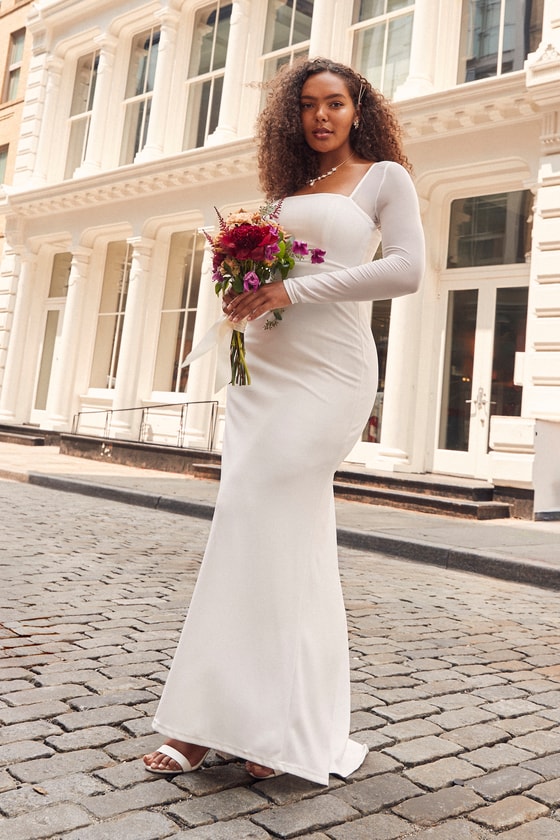 Long Sleeve Satin Wedding Dress with Appliques | David's Bridal