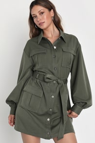 Competent Charm Olive Green Balloon Sleeve Cargo Mini Dress