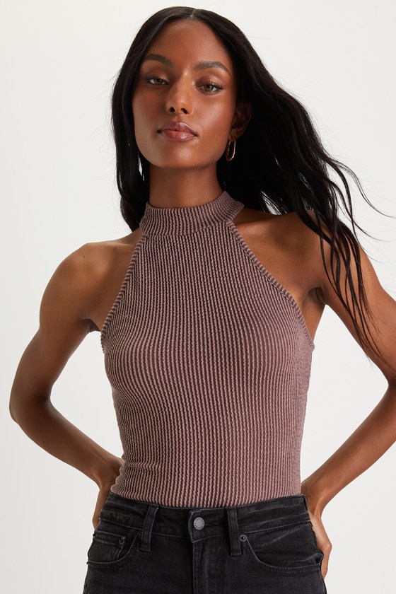 Lulus See You Then Brown Ribbed Mock Neck Sleeveless Bodysuit