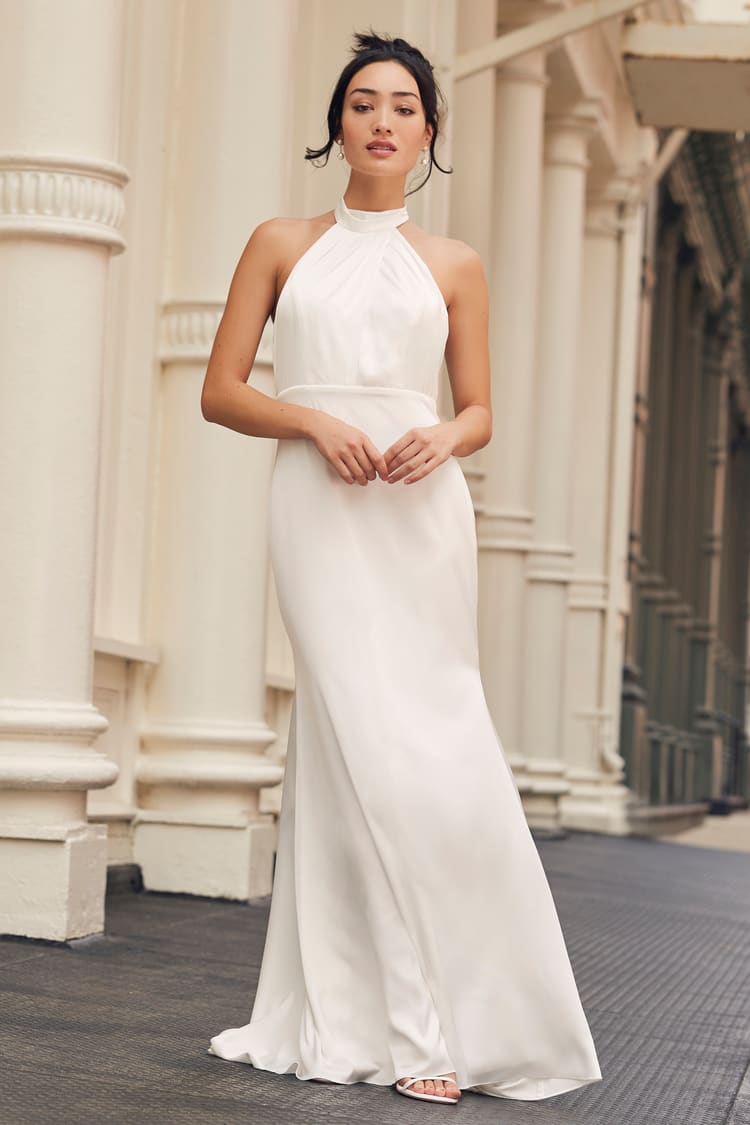 Eternity Together White Satin Halter Mermaid Maxi Dress