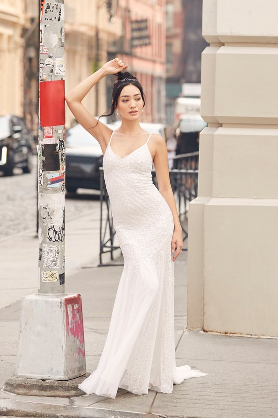 White Mesh Beaded Dress - Sequin Gown - Mermaid Maxi Dress - Lulus