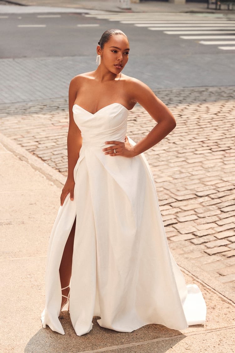 White Satin Gown - A-Line Wedding Dress - Strapless Bridal Dress