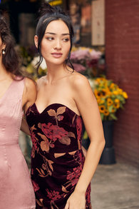 Exquisite Black Floral Burnout Velvet Strapless Maxi Dress