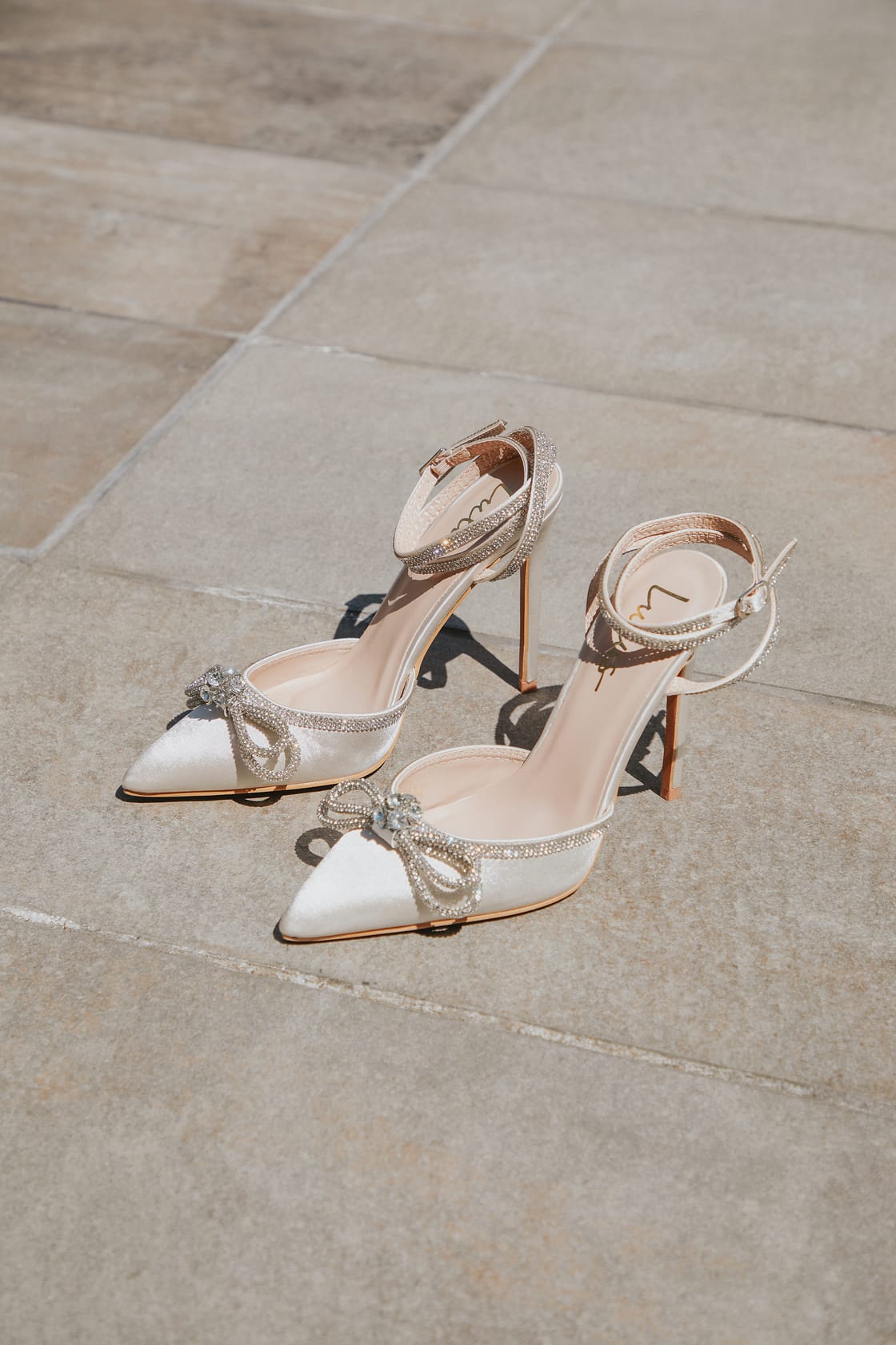 Lullie Ivory Satin Rhinestone Ankle Strap Pointed-Toe Pumps