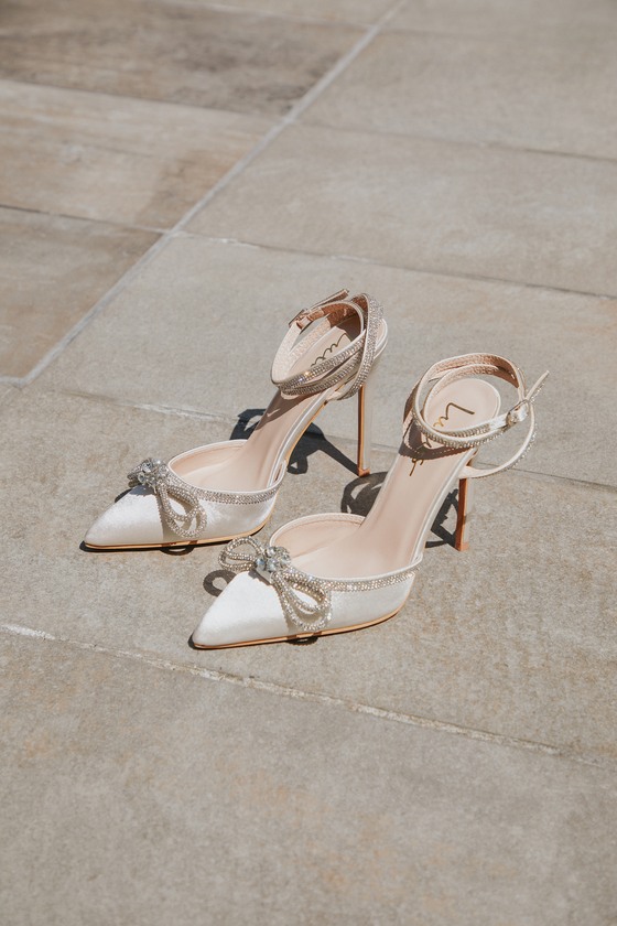 Lullie Ivory Satin Rhinestone Ankle Strap Pointed-Toe Pumps 7