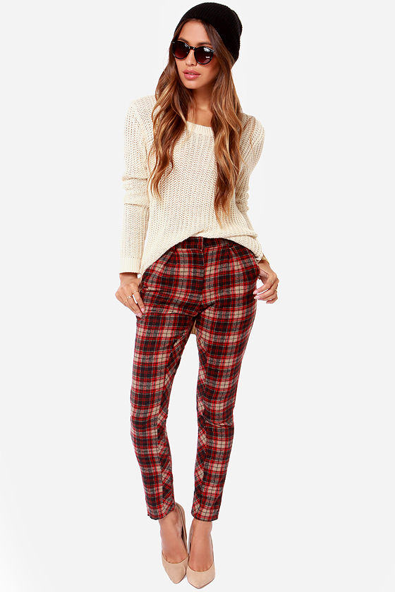 ladies red plaid pants