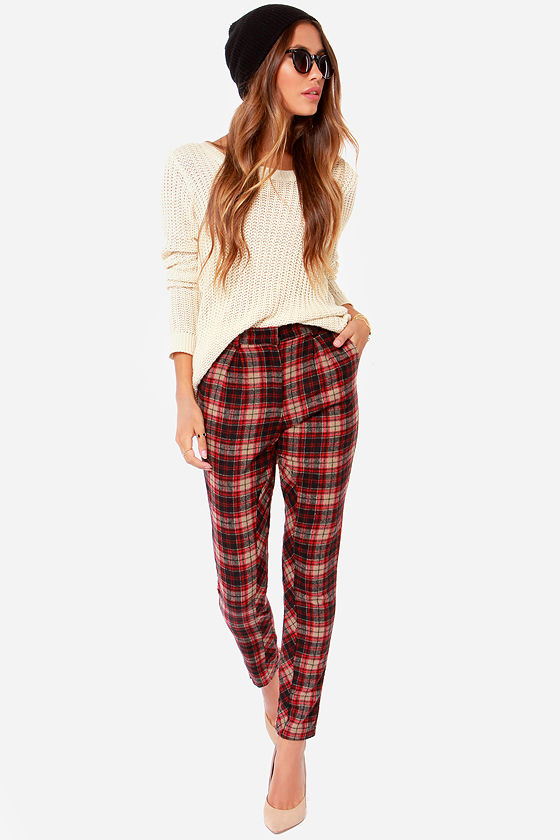 womens red plaid dress pants
