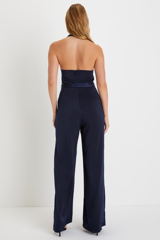 Navy Blue Satin Jumpsuit - Halter Jumpsuit - Surplice Jumpsuit - Lulus