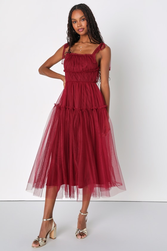 Lulus Graceful Charisma Burgundy Tulle Tiered Tie-strap Midi Dress