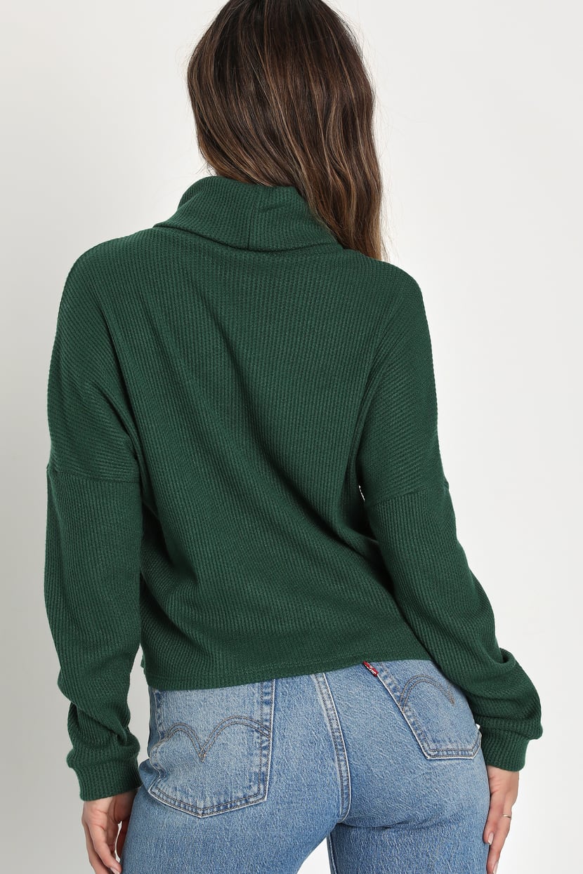 Green Waffle Knit Top - Turtleneck Top - Boxy Long Sleeve Top - Lulus