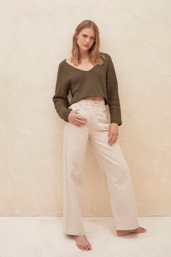 Cool Girl Energy Beige Denim High Rise Wide-Leg Jeans 1