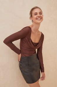 First Date Darling Brown Ruched Long Sleeve Bodysuit