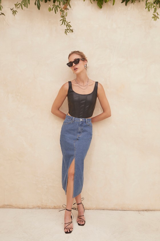 Medium Wash Denim Skirt - Jean Midi Skirt - Denim Skirt with Slit - Lulus