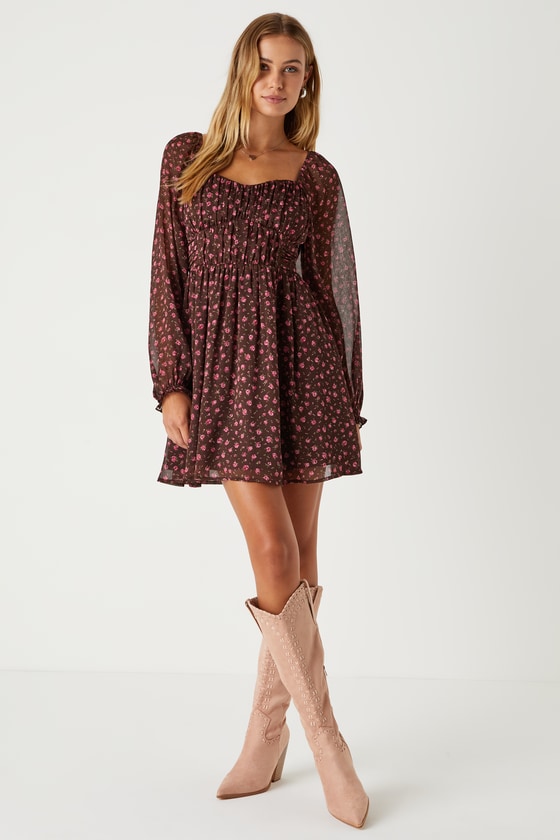 Lulus Perfect Afternoon Brown Floral Chiffon Skater Mini Dress