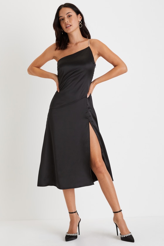 Lulus Sleek Excellence Black Satin Rhinestone One-shoulder Midi Dress