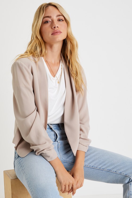 Taupe Blazer - Three-Quarter Sleeve Blazer - Open Front Blazer - Lulus