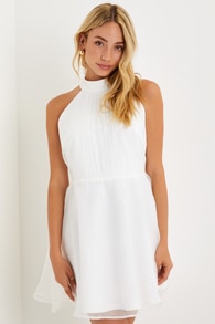 Flirtatious Aesthetic White Organza Backless Halter Mini Dress