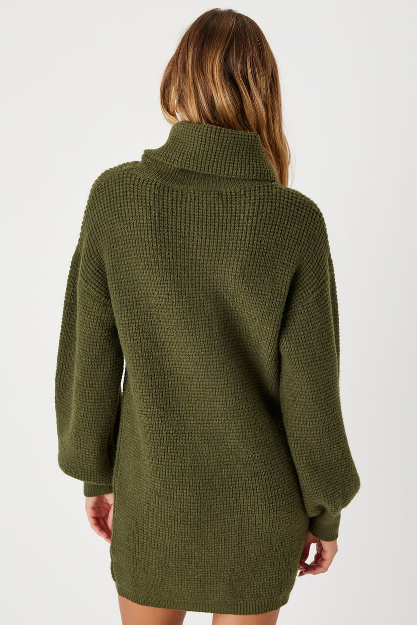 Casual Coziness Olive Green Waffle Knit Cowl Neck Sweater Dress