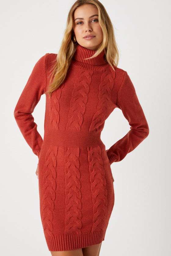 Lulus Plush Poise Burnt Orange Cable Knit Mini Sweater Dress