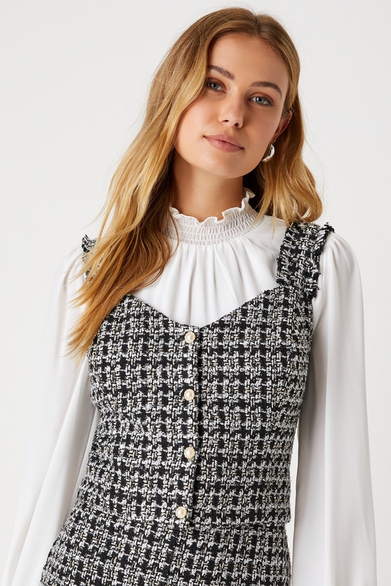 Lulus Upscale Instinct Black And Silver Tweed Button-front Tank Top