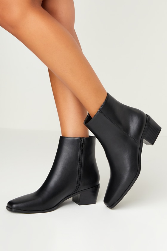 Women's Black Plain Pu Leather Low Heel & Chunky Heel Round Toe Back Zipper Ankle  Boots And Short Boots | SHEIN USA