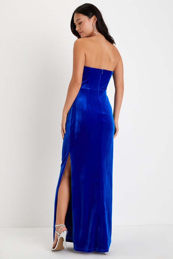 Royal Blue Velvet Gown Blue Strapless Gown TwistFront Dress Lulus