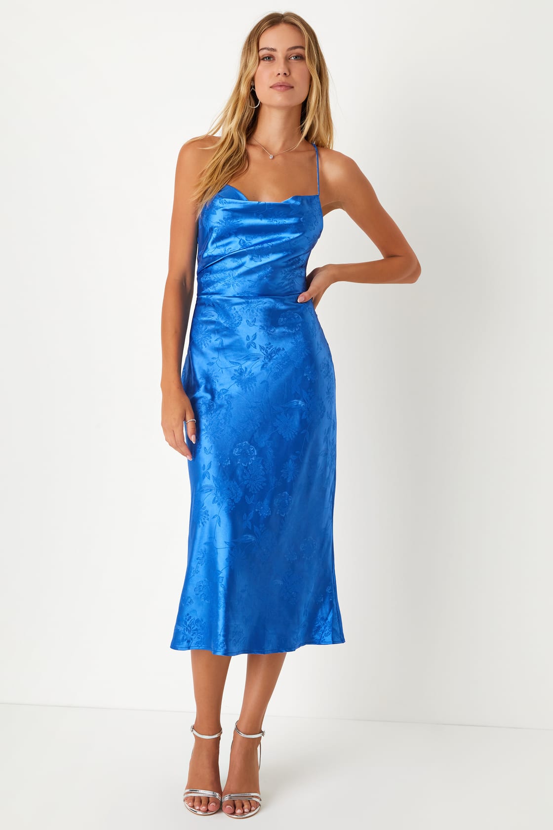 Sunset Dance Cobalt Blue Satin Jacquard Lace-Up Midi Dress