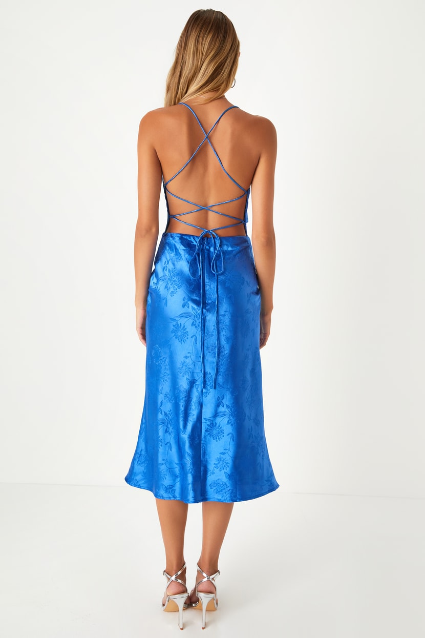 Sunset Dance Cobalt Blue Satin Jacquard Lace-Up Midi Dress