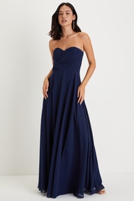 Romantic Presence Navy Blue Pleated Strapless Maxi Dress