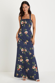 Blooming So Sweetly Navy Blue Floral Satin Lace-Up Maxi Dress