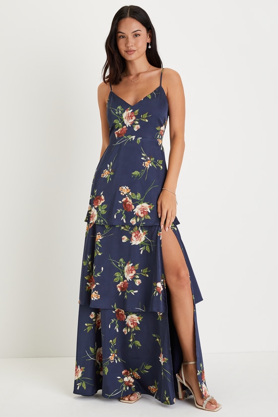 オールインワン・サロペット a Ferretti Floral Embroidered Blue Dress With Deep Blue Maxi Dress - Floral Print Dress - Surplice Maxi Dress