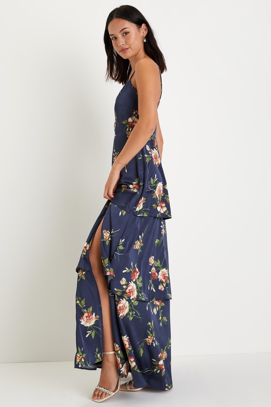 Navy Blue Floral Maxi Dress - Satin Tiered Dress - Maxi