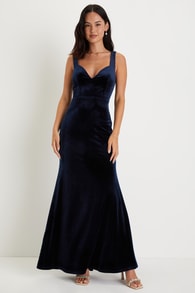 Timeless Charisma Navy Blue Velvet Backless Maxi Dress