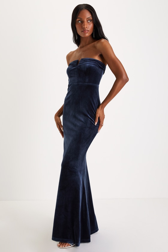 Definite Drama Midnight Blue Velvet Strapless Maxi Dress 1