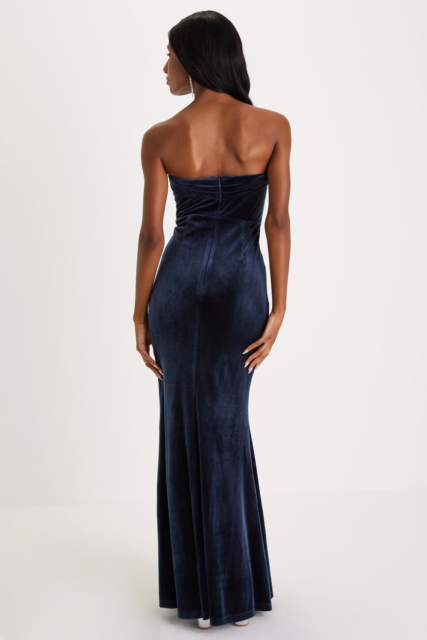 divine existence navy blue velvet tie front strapless maxi dress The Storm Maxi Dress in Arctic Blue – Solace London main image 0