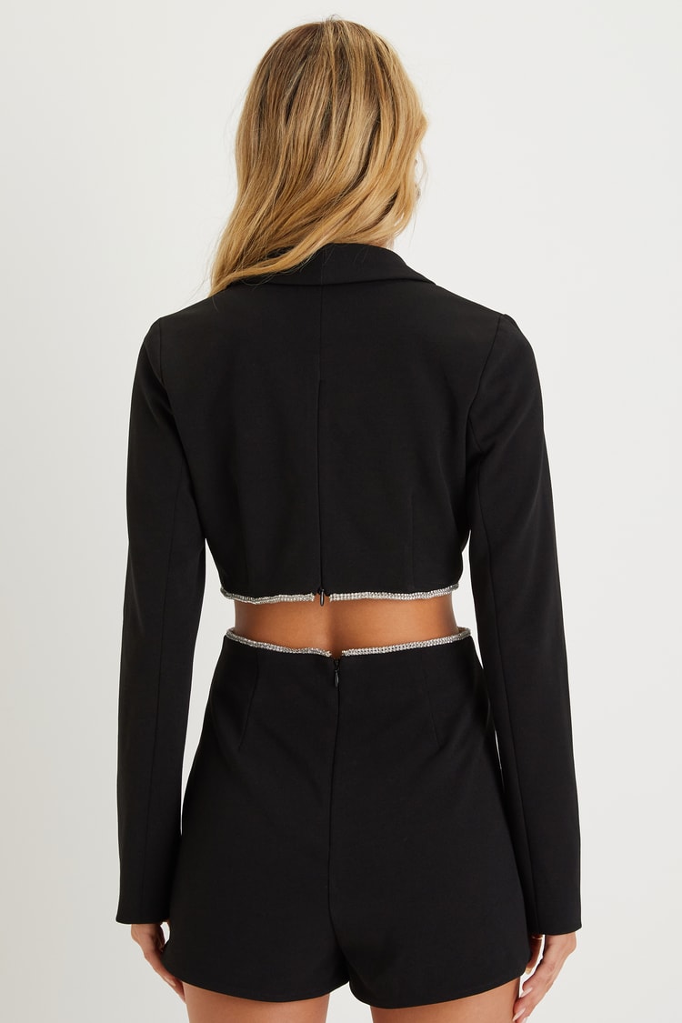 Sparkling Delight Black Rhinestone Cutout Collared Romper