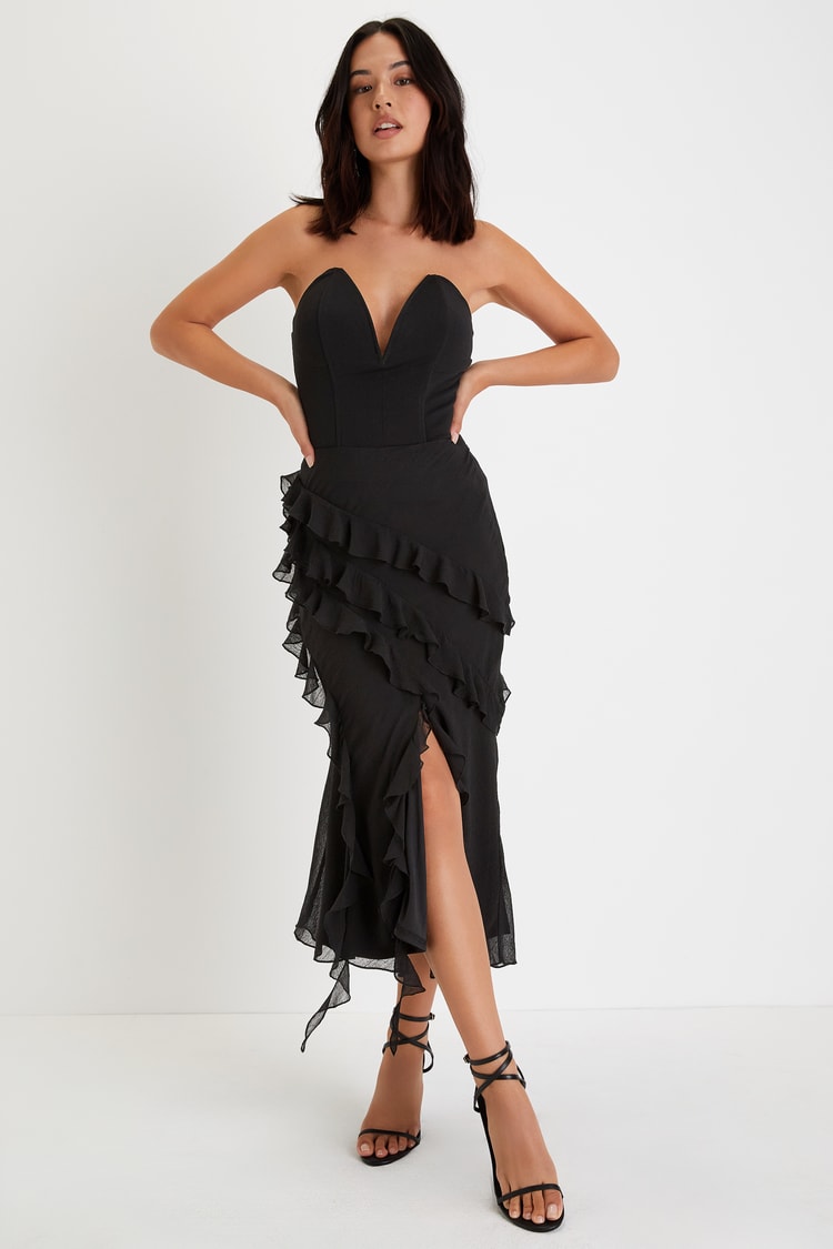 asymmetrical draped midi dress Asymmetric Black Maxi Skirt - Draped Overlay & Pleated Hem