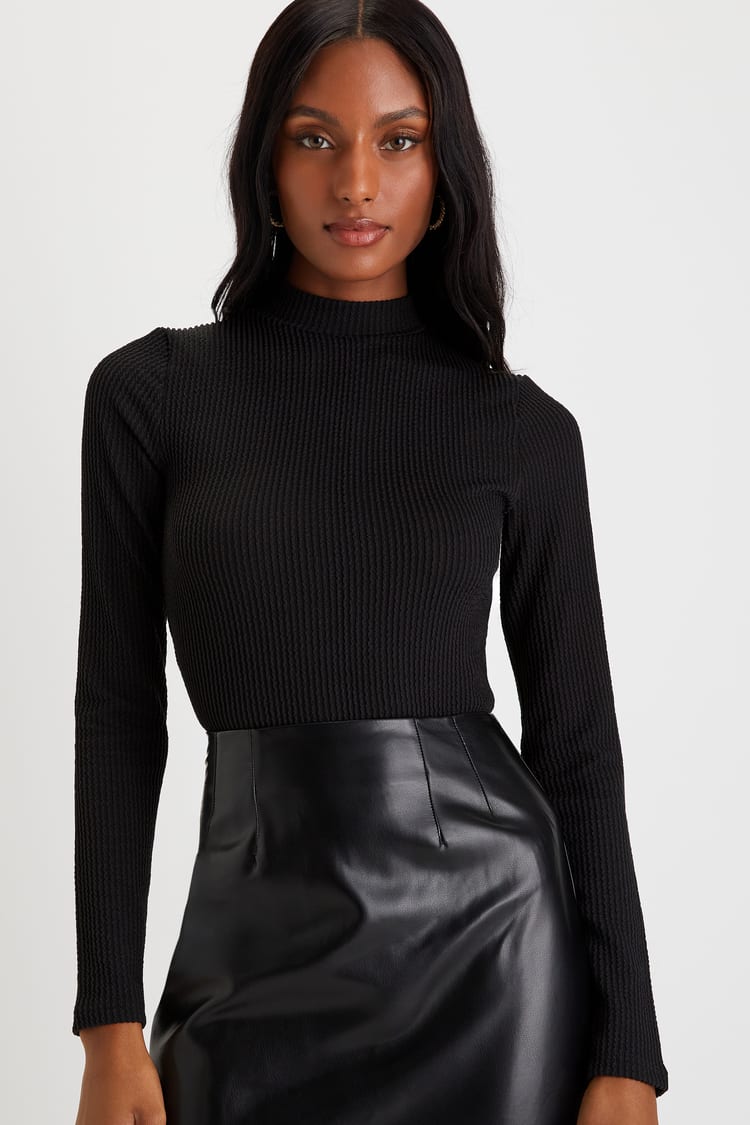 Trendy Black Long Sleeve Bodysuit - Mock Neck Bodysuit - Lulus