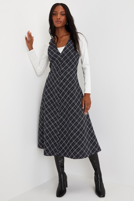 Lulus Excellent Impression Navy Blue Tweed Midi Dress With Pockets