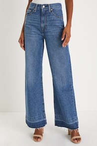 Ribcage Medium Wash Wide-Leg Raw Hem Denim Jeans