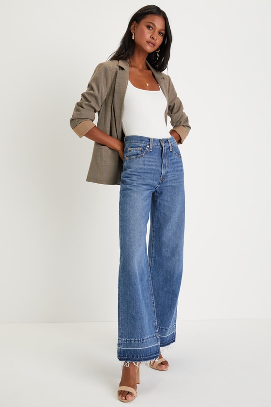 Ribcage Medium Wash Wide-Leg Raw Hem Denim Jeans 2
