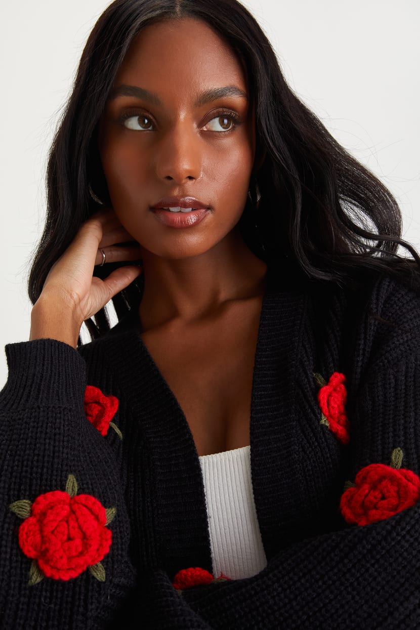 Black Rose Cardigan - 3D Floral Cardigan - Cardigan Sweater - Lulus
