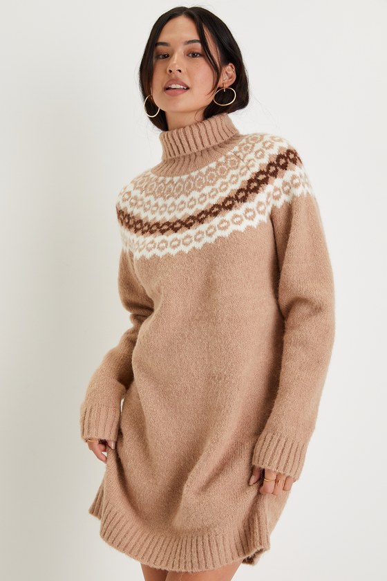 Lulus Seasonal Charmer Beige Multi Knit Turtleneck Sweater Mini Dress
