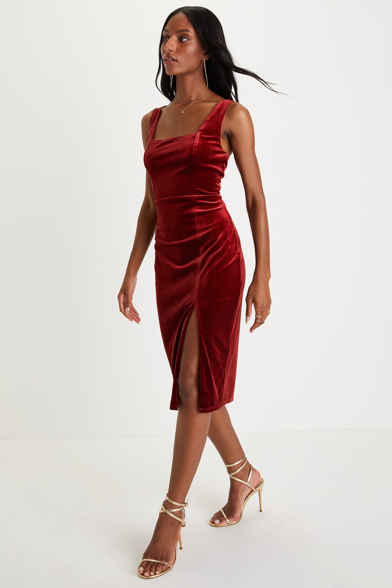 Baby, You're The One Rust Red Velvet Sleeveless Midi Dress